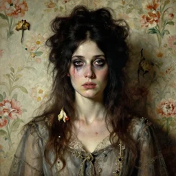 a beautiful and eerie baroque painting of a beautiful but serious woman in layers of fear, with haunted eyes and dark hair piled on her head, 1 9 7 0 s, seventies, floral wallpaper, wilted flowers, a little blood, morning light showing injuries, delicate embellishments, painterly, offset printing technique, by brom, moebius, robert henri, walter popp