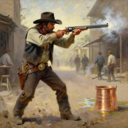 oil painting of old rugged cowboy in wild west street, shooting revolver, shoot gun, gun smoke, art by anders zorn, wonderful masterpiece by greg rutkowski, beautiful cinematic light, american romanticism by greg manchess, reflections in copper, sunlight, dust and steam
