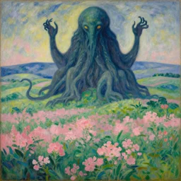 a georges seurat painting of cthulhu in a large field with rolling hills and pink flowers