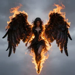 an angel with black wings engulfed in flames