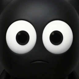 hyperrealistic black figure with massive wide white eyes
