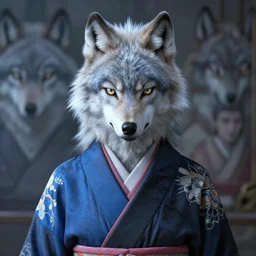 wolf goddess portrait, blue and black kimono, art by artgerm, wlop, loish, ilya kuvshinov, 8 k realistic, hyperdetailed, beautiful lighting, detailed background, depth of field, symmetrical face, frostbite 3 engine, cryengine,