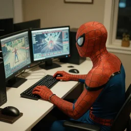 spiderman sat at a desk playing games on a computer, 3 5 mm film photograph