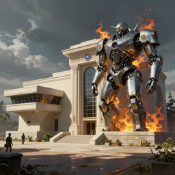 Futuristic police station. By Frank Lloyd Wright, concept art, digital painting, unreal engine, neoclassical, mech, fractal flame, cinematic, highly detailded