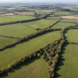 aerial view of a uk landscape with fields and woods
