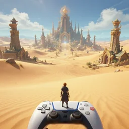 player standing at the entrance of a beautiful isolated sacred spiritual fantasy alien village in a vast sand desert, 3 rd person action adventure, screenshot, gameplay, final fantasy, square enix, squaresoft, jrpg, unreal engine, 4 k, ultra high settings, rtx, next gen graphics, playstation 5