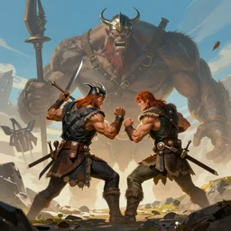 viking fighting against a giant by brian kesinger and james gurney, artstation