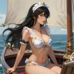 A beautiful female maid wearing a magical bikini posing on a boat, detailed face, fantasy art, in the style of Joel Santana, illustration, epic, fantasy, intricate, hyper detailed, artstation, concept art, smooth, sharp focus, ray tracing, profile shot