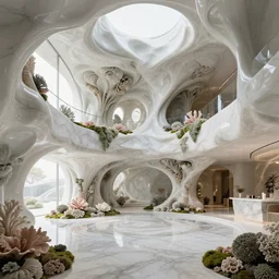 highly detailed ultra sharp 3 d render villa interior cinematic composition of a smooth ceramic porcelain biomorphic magnolia stone nebula fluid fractal sci - fi surreal architecture landscape, white granite, corals, lichen, marble, moss, vincent callebaut composition, mamou - mani, archviz, beautiful lighting, 8 k, unreal engine, hdr,