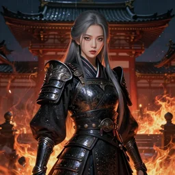 portrait jisoo blackpink, grey hair armored samurai clothes, in fire japanese temple wet night, ssci - fi and fantasy, intricate and very very beautiful and elegant, digital painting, artstation, concept art, smooth and sharp focus, illustration, art by tian zi and wlop and alphonse mucha