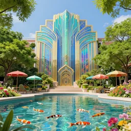 art deco 1 9 2 0 metropolis optimistic colorful sunny parasols hologram koi lush parks trees flowers water clear focus gold monolith skyscrapers [ art deco motifs ] fantasy by ross tran greg rutkowski intricate elegant retro futuristic highly detailed artstation