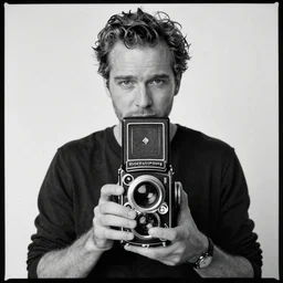 photo of Nathan Fillion by Diane Arbus, black and white, high contrast, Rolleiflex, 55mm f/4 lens