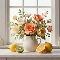 still life of flowers and fruit, centered, window lighting, complex 3 d render, ultra detailed, 1 0 5 mm lens, refined, high definition, photo realism, rembrandt lighting, cherry blossoms, white flowers, red berries, detailed branches, twigs, lavender, yellow st joseph lily, peonies, foliage, marigold, tulips, blue iris,