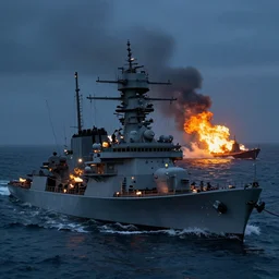 a naval battle far away with battleships and submarines in the night with fire, high detail, high definition, photorealistic, 8k,