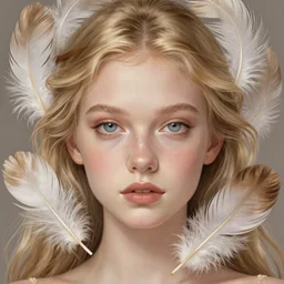 A portrait of a blonde girl surrounded by delicate feathers, face, intricate, elegant, highly detailed, digital painting, artstation, concept art, smooth, sharp focus, illustration, art by Krenz Cushart and Artem Demura and alphonse mucha