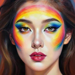 a beautiful detailed painting of a woman with her face painted in rainbow colors. stunning 🌈 face paint. close up on highly detailed gorgeous face. by artgerm and greg rutkowski and alphonse mucha