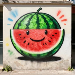 a cute and happy watermelon, graffiti, photograph, made by banksy, vivid colors, spray brush, midday, sunny, professional