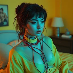 rgb, woman, yellow bedroom, cinematic, movie scene, inspired by zdzislaw beksinski, new zealand landscape, clothes made out of veins,, cables everywhere, bedroom, ultra realistic, concept art, intricate details, highly detailed, photorealistic, octane render, 8 k