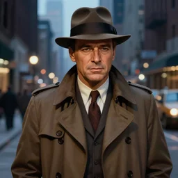 a picture of a man with the face of humphrey bogart, wearing a 1 9 4 0's noire detective outfit with fedora and trench coat, standing in the streets of chicago at night, detailed unblurred face, 4 k octane render highly realistic digital painting