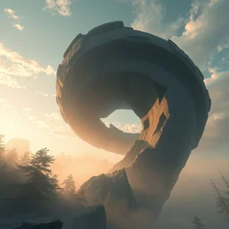 trees and brutalist concrete in the distance with a foreground of tall rock structure as a swirling spiral vortex, dramatic lighting, morning fog, hyper detailed, digital art, trending on artstation, cinematic lighting, smooth render, octane render, art style by ruan jia and greg rutkowski and peter mohrbacher and wlop and krenz cushart