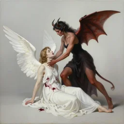 painting, minimalist, elegant, hyperrealistic, a demon attacking a bleeding angel