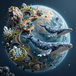 intricate alien ecosystem on a rocky planet, with little vegetation and crystals, a whale is flying in the ocean. concept art, intricate details, highly detailed, photorealistic, octane render