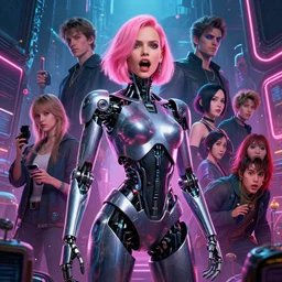 corinthean, altered carbon, highly detailed surreal neon big in japan vfx portrait of a robot android, young adriana lima, madison beer, christina hendricks, pink hair, scream, stephen bliss, unreal engine, greg rutkowski, loish, rhads, beeple, makoto shinkai and lois van baarle, ilya kuvshinov, rossdraws, tom bagshaw, global illumination, detailed and intricate environment