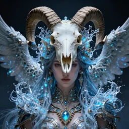 goddess portrait from bottom to top by jessica oyhenart in crown made of ram skull, bioluminiscent, plasma, ice, water, wind, creature, super intricate ornaments artwork 翼 次 方 cg