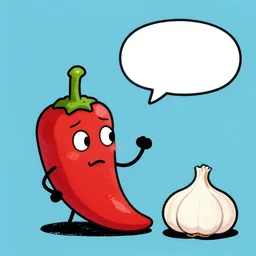 ! dream a cartoon drawing of a chilli pepper talking to garlic with speech bubbles in the air