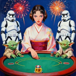princess leia in a japanese kimono sitting at an extremely detailed poker table with yoda and startrooper, fireworks on the background, by andy warhol, by roy liechtestein, canvas, acrylic paint, saturated, ultra - hd