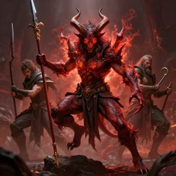 dynamic fullbody portrait of a powerful demon, long horns, fiery red eyes, claws, armed with spear, by greg rutkowski and gaston bussiere and craig mullins and j. c. leyendecker, volumetric lighting