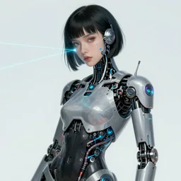 beauty cyberpunk woman, robotic, laser, trending on artstation, by Hajime Sorayama and Boris Vallejo