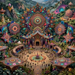 a beautiful and highly detailed digital painting of psytrance festival in a secret valley, psychedelic patterns, intricate details, epic scale, 8 k, sharp focus, photorealism, artstation, cgsociety, by caspar friedrich, james gurney, alex grey, brian froud,