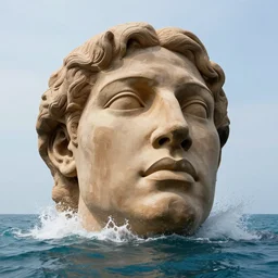 a massive clay sculpture of a surreal distorted human face on the ocean water, in the style of jeff koons and michelangelo, inspired by the greatest sculptors, cinematic, hyper - realistic, very detailed, realistic water splashes, ray tracing, 8 k resolution, long - shot, sharp focus, low angle, 8 5 mm photograph, wide lens