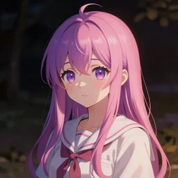 aesthetic, e - girl, anime cosplay, cute, adorable, 4 k, hyper realistic, purple - pink hair, warmth, night - time, dark colors and hightlights, mood, - n 6