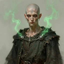 portrait of a young mage, male bald emaciated, wearing spikes and piercings, sigils, tattered robes, wisps of green smoke, art by greg rutkowski and gustave dore