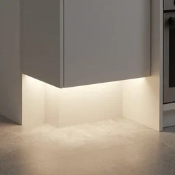 led strip lighting under kitchen plinth, photorealistic, render, 8k