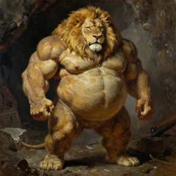 oversized muscular lion as mafia boss human legs full body portrait pose , very textured detailed oil painting by rembrandt , hard backlight , in dark cave