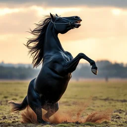 a larg black horse rearing up