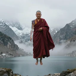 figure of buddhist monk in traditional dark red cloth, fly over himalaya mountains lake in weightlessness, body of monk looks like transparent and high reflective glass. small fog and gloomy atmosphere, highly detailed science fiction illustration. photorealistic, hyper detailed illustration, 8 k, movie still