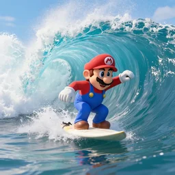 mario surfs inside the tube of a very large wave. the wave is about to collapse. highly detailed 3 d render professional 4 k