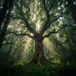 horrific, spectacular tree in a thickly vegetated forest, fantasy, dreamlike sunraise, ultra realistic