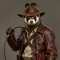 ferret as indiana jones wearing leather fedora hat, leather jacket, leather whip, gun, leather holster, leather bag, concept art, detailed face, fantasy, highly detailed, cinematic lighting, digital art painting
