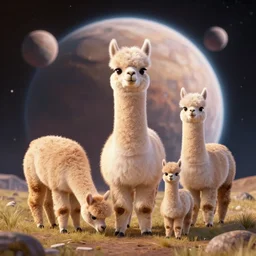 3 d rendering of an alien alpaca family grazing on an exoplanet, octane renderer, fluffy, subsurface scattering, very beautiful, softblur, dynamic scene
