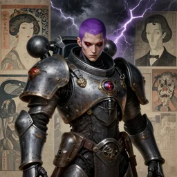 portrait of gothic and futuristic young mainem, warhammer, cyber armor, a lot of scars, thunderstorm, purple head, heart eyes, the middle ages, highly detailed, artstation, in the style of moebius, jugendstil and classic japanese print, art by rene magritte, jean delville