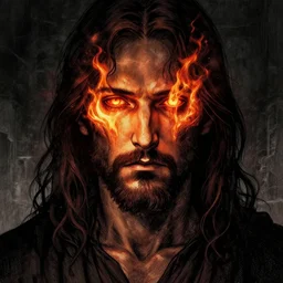 Jesus with fire in his eyes, dark colors, sinister atmosphere, dramatic lighting, cinematic, establishing shot, extremely high detail, photo realistic, cinematic lighting, pen and ink, intricate line drawings, by Kohei Horikoshi, post processed, concept art, artstation, matte painting, style by eddie mendoza, raphael lacoste, alex ross