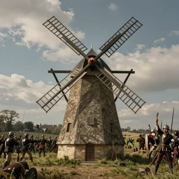 napoleon bonaparte holding a windmill at the battle field, mysterious, realistic