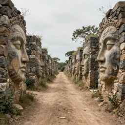 Wide shot, hyperdetailed masterpiece concept art of a dirt road between stone walls made of faces, 4k Detailed Matte Illustration trending on ArtStation