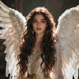 beautiful female angel, Moroccan, asymmetrical face, ethereal volumetric light, sharp focus