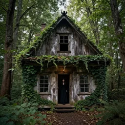 a old cabin in the woods with vines all over the sides a witch lives inside it